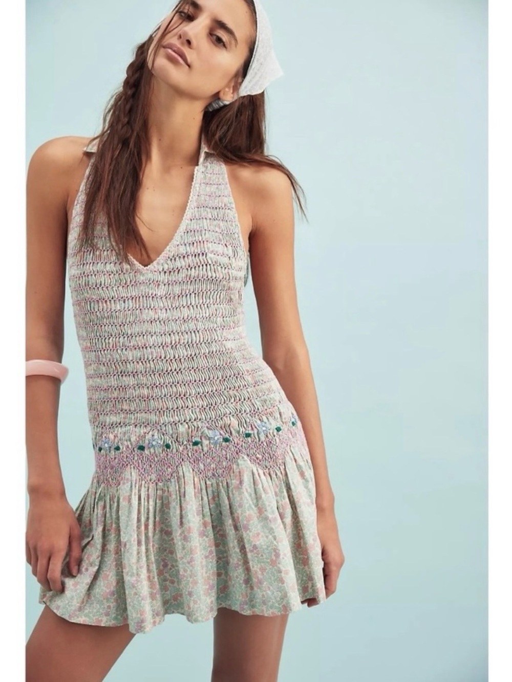 Free People Dainty Flirty In Florals Embroidered Smocked Mini Dress Size Medium